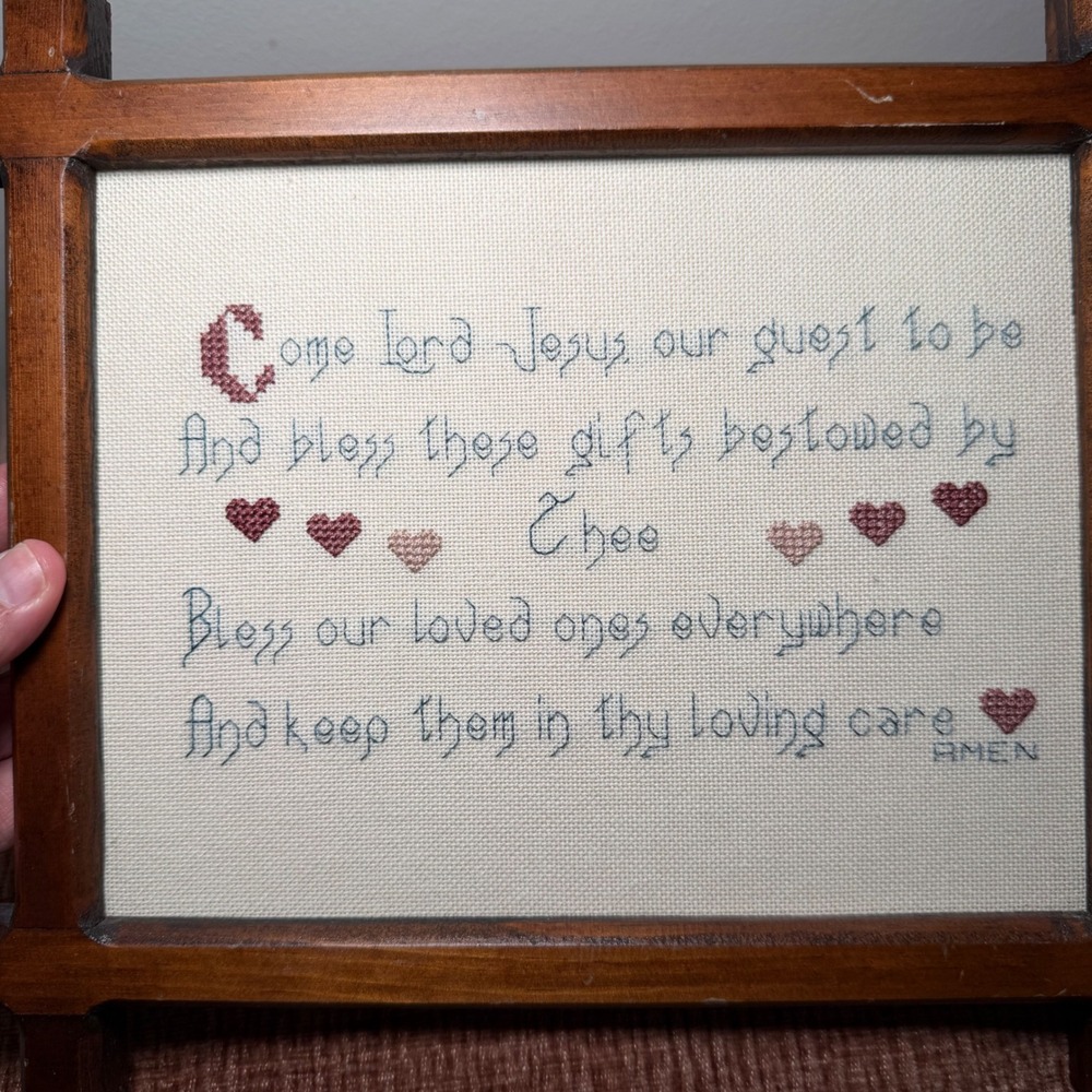 Vintage Framed Cross Stitch Come Lord Jesus Dinner Prayer Sampler Farmhouse - Picture 4 of 12